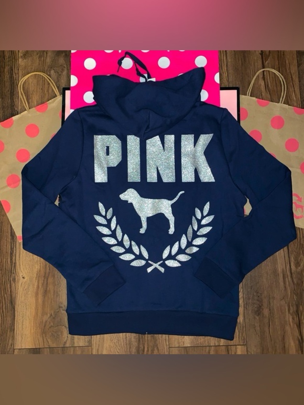 BLING Victoria Secret Pink ENSIGN NAVY GLITTER SHINE LOGO HOODIE SWEATSHIRT XL